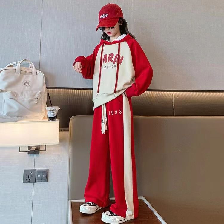 Tüdrukute 2023. aasta uus sügisene kevadmood pikkade varrukatega kapuuts + püksid, 2 tk. Ülikonnad 5–14-aastastele noortele vabaajarõivastele, lasteriiete komplekt