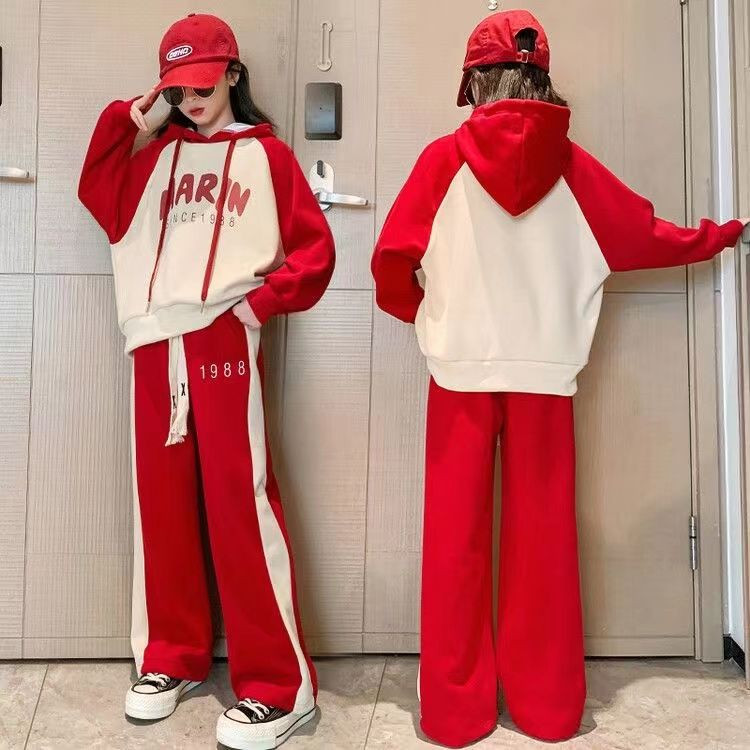 Tüdrukute 2023. aasta uus sügisene kevadmood pikkade varrukatega kapuuts + püksid, 2 tk. Ülikonnad 5–14-aastastele noortele vabaajarõivastele, lasteriiete komplekt