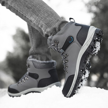 Зимни мъжки ботуши Водоустойчиви кожени маратонки Мъжки ботуши за сняг 2023 Външни неплъзгащи се плюшени топли туристически обувки до глезена Мъжки зимни обувки