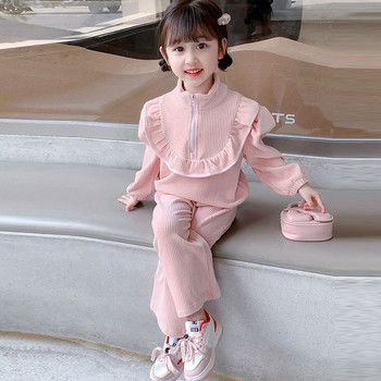 Пролет Есен Корейски ретро комплект от две части за момичета Harajuku Модни сладки детски дрехи Kawaii Едноцветни горнища и дълги панталони