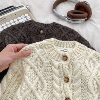 Есенно-зимна мода за момче Бебешки плетен пуловер с дълъг ръкав Момиче Деца Едноцветна ежедневна жилетка Палто Детски удебелени топли горнища