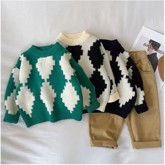 Lastele, poistele, tüdrukutele, silmkoelised kampsunid, teemantmustriga pulloverid, 2022. aasta uustulnuk Laste puuvillased kampsunid, sügisesed mustad valged topid