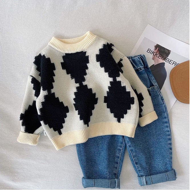 Lastele, poistele, tüdrukutele, silmkoelised kampsunid, teemantmustriga pulloverid, 2022. aasta uustulnuk Laste puuvillased kampsunid, sügisesed mustad valged topid