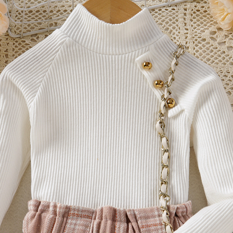 Set din două piese pentru fete mici și mijlocii de toamnă cu mâneci lungi cu guler + pantaloni scurți în carouri