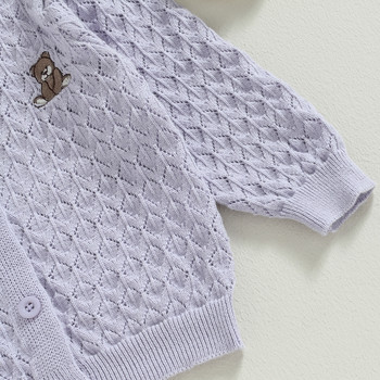 BeQeuewll Бебешки момичета Плетена жилетка Bear Pattern Плетена плетена на една кука пуловер с копчета Палто Сладко есенно зимно яке Топли дрехи