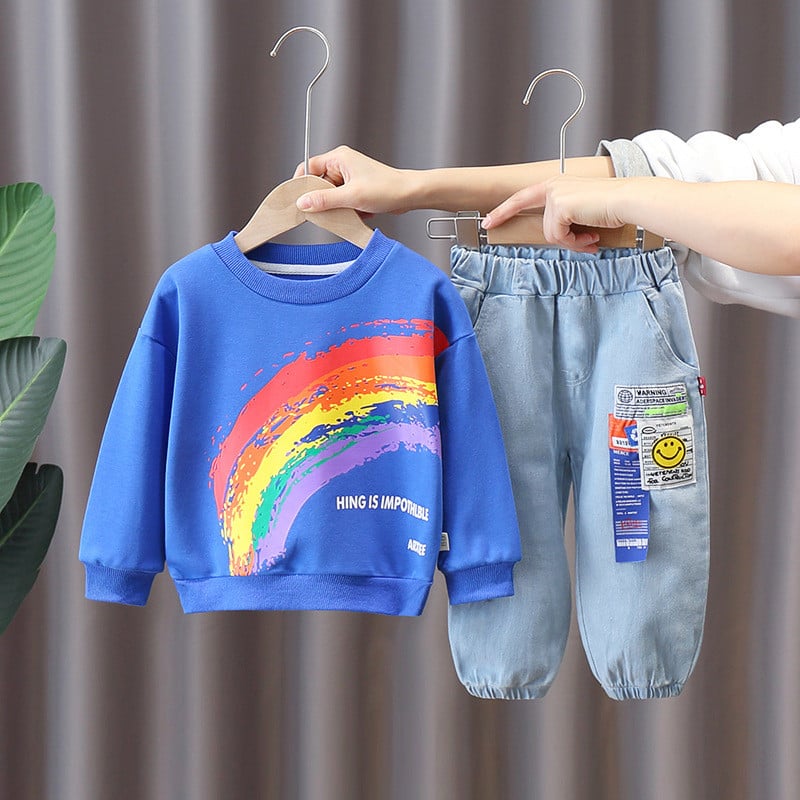 Primăvara Toamnă Moda Băieți Haine Copii Graffiti Curcubeu Tricou Blugi 2 buc/Seturi Îmbrăcăminte sport pentru copii Treninguri pentru copii