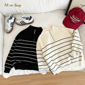 Beebipoiss tüdrukule kootud triibuline kampsun tõmblukuga krae Sügiskevadine väikelapse väikelapse kudum Pullover beebiriided 1-12a