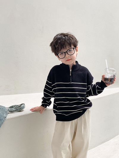 Beebipoiss tüdrukule kootud triibuline kampsun tõmblukuga krae Sügiskevadine väikelapse väikelapse kudum Pullover beebiriided 1-12a