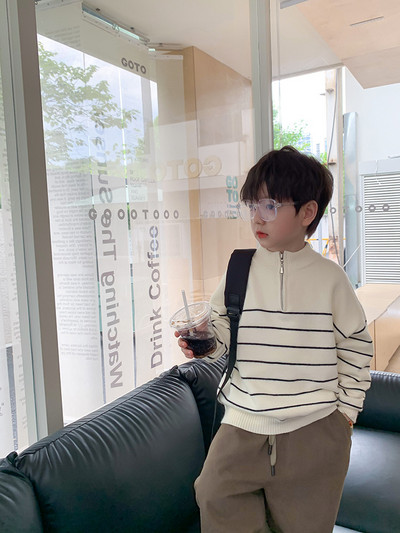 Beebipoiss tüdrukule kootud triibuline kampsun tõmblukuga krae Sügiskevadine väikelapse väikelapse kudum Pullover beebiriided 1-12a