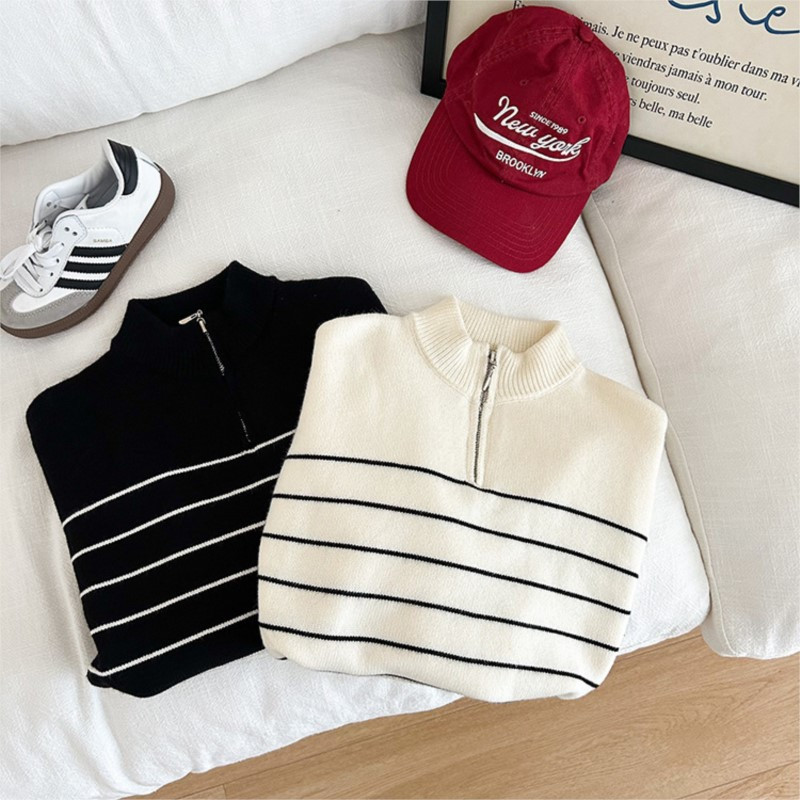 Beebipoiss tüdrukule kootud triibuline kampsun tõmblukuga krae Sügiskevadine väikelapse väikelapse kudum Pullover beebiriided 1-12a