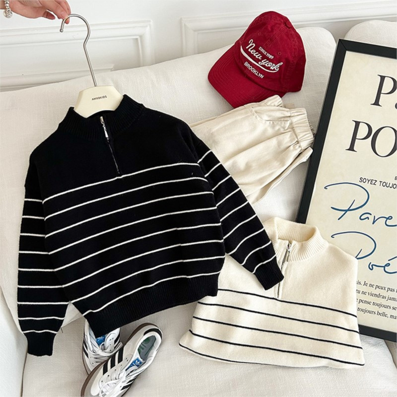 Beebipoiss tüdrukule kootud triibuline kampsun tõmblukuga krae Sügiskevadine väikelapse väikelapse kudum Pullover beebiriided 1-12a