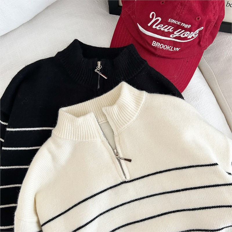 Beebipoiss tüdrukule kootud triibuline kampsun tõmblukuga krae Sügiskevadine väikelapse väikelapse kudum Pullover beebiriided 1-12a