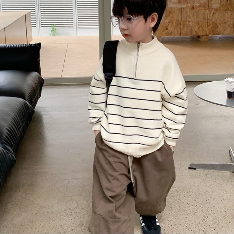 Beebipoiss tüdrukule kootud triibuline kampsun tõmblukuga krae Sügiskevadine väikelapse väikelapse kudum Pullover beebiriided 1-12a