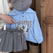 Menoea tüdrukute komplekt, 2023. aasta sügis, uus tüdrukute kirjatrükiga tumesinine kaelus + pitsiline kaar, plisseeritud seelik, kaheosaline komplekt, lasteriided