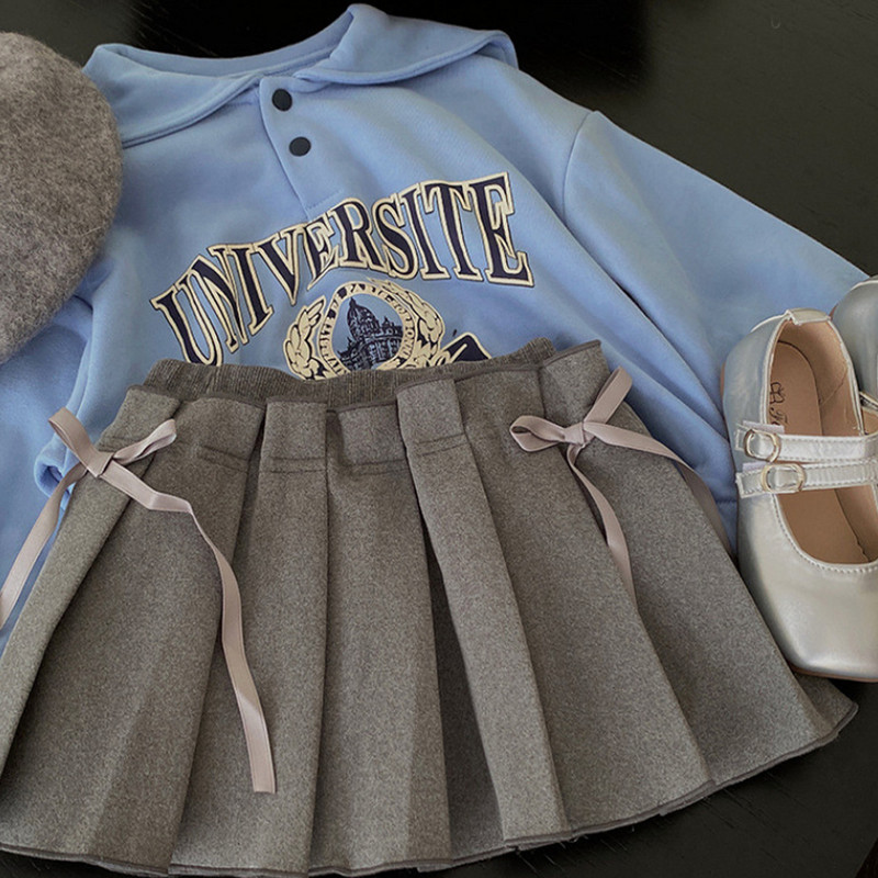 Menoea tüdrukute komplekt, 2023. aasta sügis, uus tüdrukute kirjatrükiga tumesinine kaelus + pitsiline kaar, plisseeritud seelik, kaheosaline komplekt, lasteriided