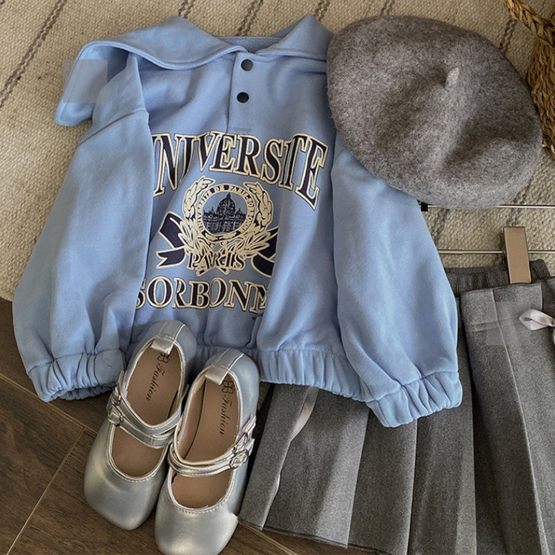 Menoea tüdrukute komplekt, 2023. aasta sügis, uus tüdrukute kirjatrükiga tumesinine kaelus + pitsiline kaar, plisseeritud seelik, kaheosaline komplekt, lasteriided