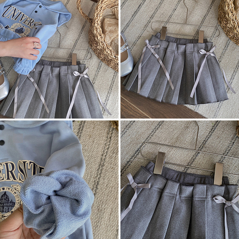 Menoea tüdrukute komplekt, 2023. aasta sügis, uus tüdrukute kirjatrükiga tumesinine kaelus + pitsiline kaar, plisseeritud seelik, kaheosaline komplekt, lasteriided