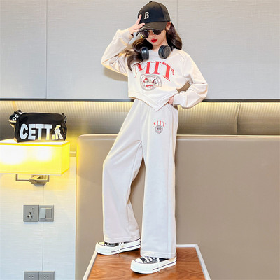 Tricou pentru fete de primăvară, toamnă, cu alfabet neregulat decupat + set pantaloni de trening largi, școală, copii, trening, ținută de jogging pentru copii, 5-16 ani
