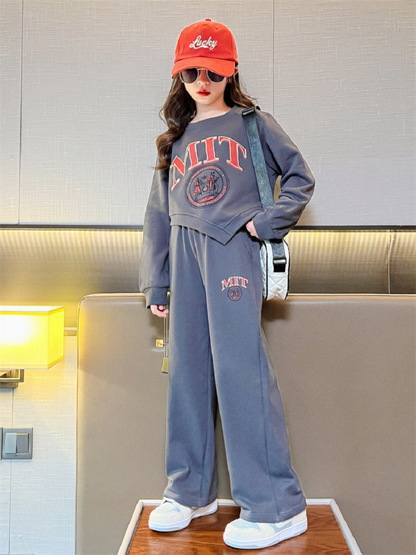 Tricou pentru fete de primăvară, toamnă, cu alfabet neregulat decupat + set pantaloni de trening largi, școală, copii, trening, ținută de jogging pentru copii, 5-16 ani