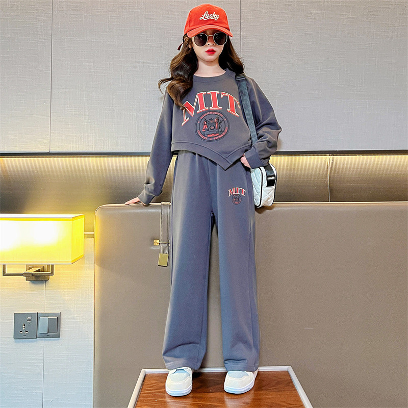 Tricou pentru fete de primăvară, toamnă, cu alfabet neregulat decupat + set pantaloni de trening largi, școală, copii, trening, ținută de jogging pentru copii, 5-16 ani