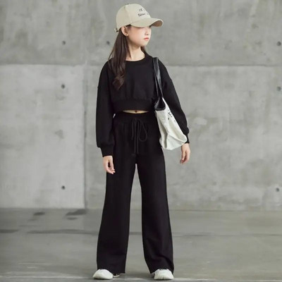 Primăvară Toamnă Fete Hanorac simplu din bumbac+Pantaloni largi cu șnur Trening pentru copii Școală Tinuta pentru copii Seturi Crop Tops 5-16 ani
