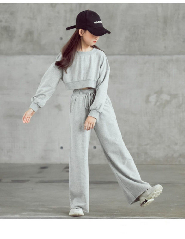 Primăvară Toamnă Fete Hanorac simplu din bumbac+Pantaloni largi cu șnur Trening pentru copii Școală Tinuta pentru copii Seturi Crop Tops 5-16 ani