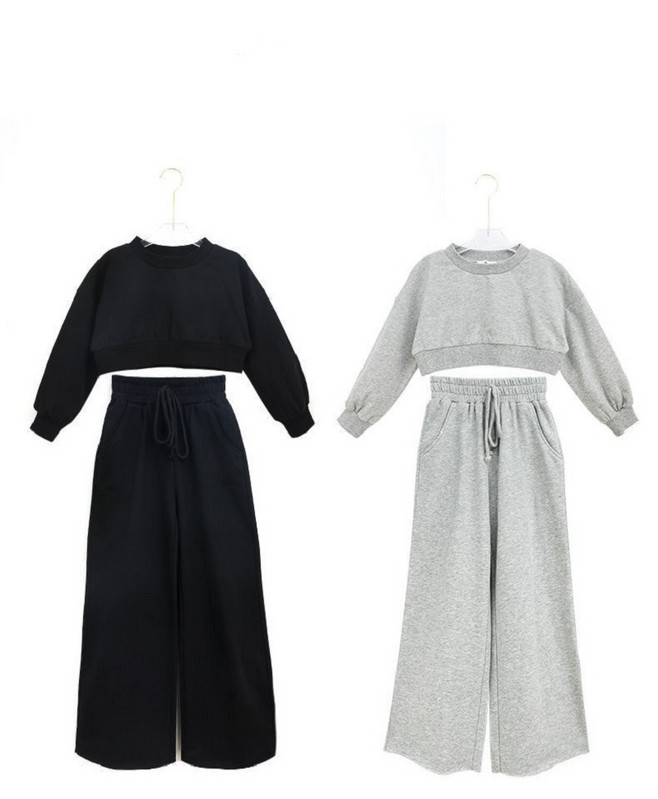 Primăvară Toamnă Fete Hanorac simplu din bumbac+Pantaloni largi cu șnur Trening pentru copii Școală Tinuta pentru copii Seturi Crop Tops 5-16 ani