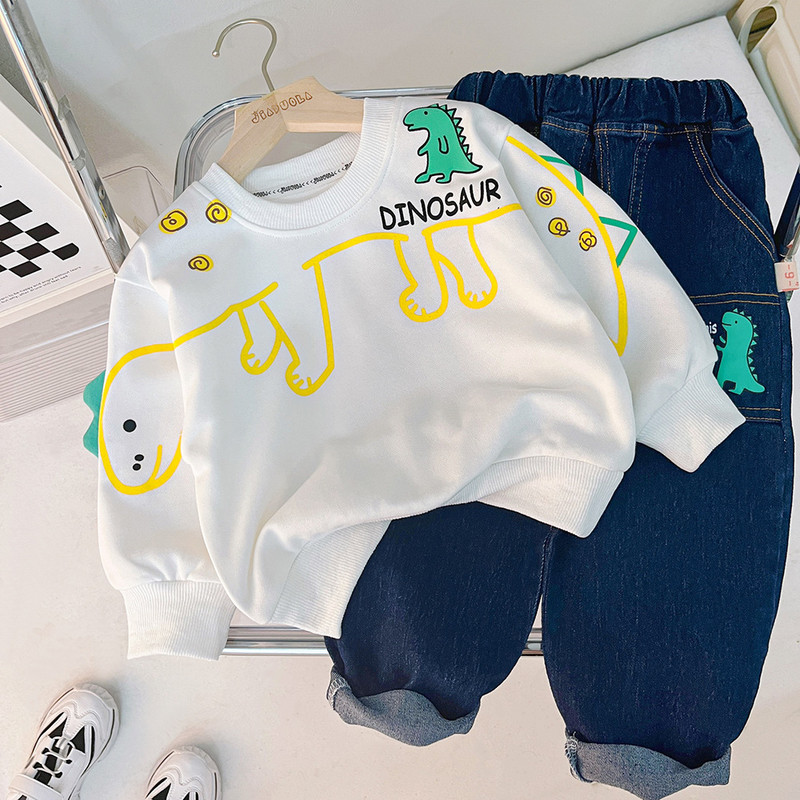 2023. aasta kevad-sügis poiste puuvillane rõivakomplekt Baby Boys Dinosaurus Pullover Topid Teksapüksid 2 tk Vabaaja rõivad Imiku laste ülikond