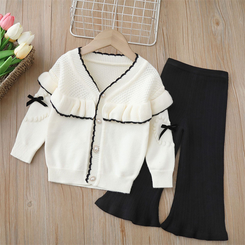 Seturi haine fete Cardigan Toamna Iarna Fundita Bebeluș Hanorac + Pantaloni Set 2buc Copii Tricotat Topuri Tinute Copii