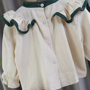 Βαμβακερό λινό πουκάμισο με φύλλα Lotus για κορίτσια Conjunto Κομψά μακρυμάνικα μπλουζάκια Παιδικά σετ 2 τεμαχίων Casual φαρδιά φιόγκο παντελόνι Jogger