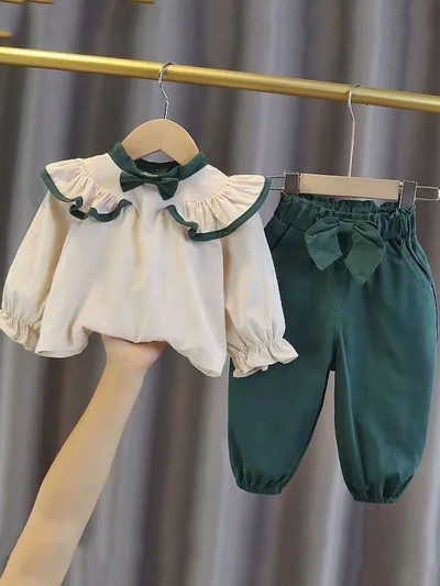 Bavlnené ľanové tričko s lotosovým listom pre dievčatá, elegantné topy s dlhým rukávom, detské 2-dielne súpravy, ležérne vrecovité nohavice s mašľou