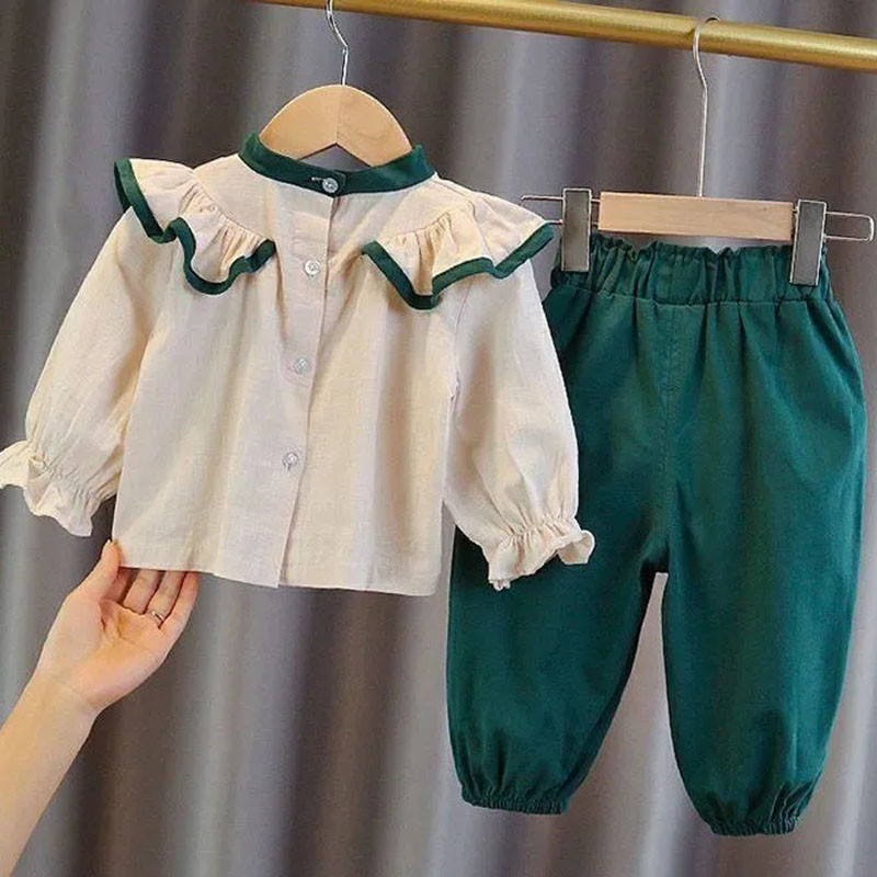 Bavlnené ľanové tričko s lotosovým listom pre dievčatá, elegantné topy s dlhým rukávom, detské 2-dielne súpravy, ležérne vrecovité nohavice s mašľou
