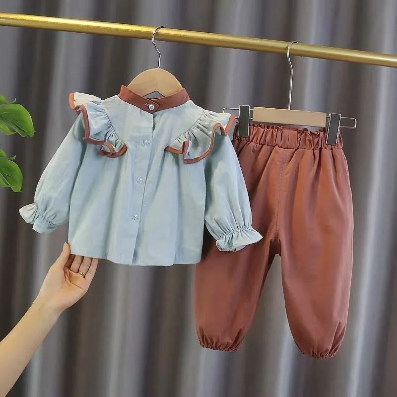 Bavlnené ľanové tričko s lotosovým listom pre dievčatá, elegantné topy s dlhým rukávom, detské 2-dielne súpravy, ležérne vrecovité nohavice s mašľou