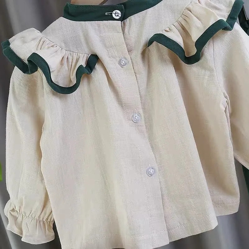 Bavlnené ľanové tričko s lotosovým listom pre dievčatá, elegantné topy s dlhým rukávom, detské 2-dielne súpravy, ležérne vrecovité nohavice s mašľou
