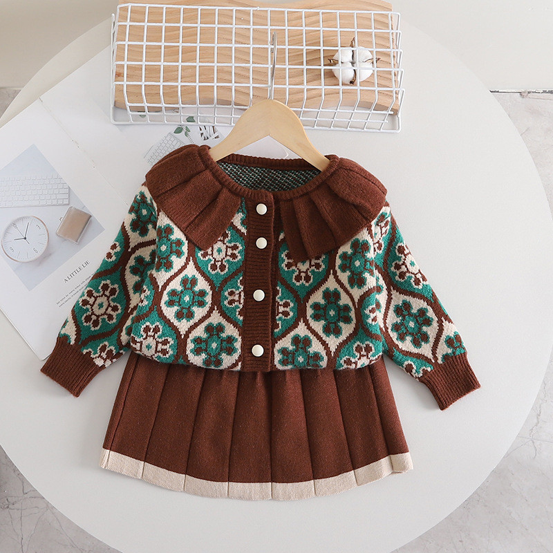 Beebitüdruku riided Soe kootud kampsuni komplekt Talvetüdruk Jacquard Armas sviiter Tüdrukule Kudumis + seelik 2-osaline komplekt