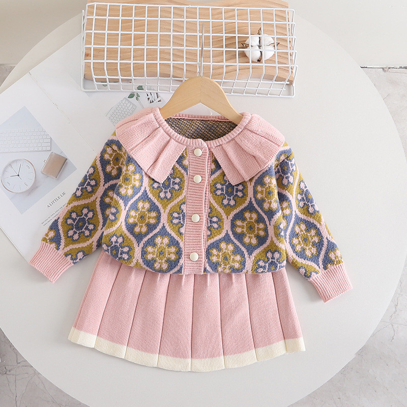 Beebitüdruku riided Soe kootud kampsuni komplekt Talvetüdruk Jacquard Armas sviiter Tüdrukule Kudumis + seelik 2-osaline komplekt