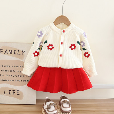 Tüdrukute lilledega tikitud kampsunite komplektid, talvised beebitüdrukute kampsunid, vabaajarõivad, sügisesed lapsed, kollegiaalses stiilis komplekt