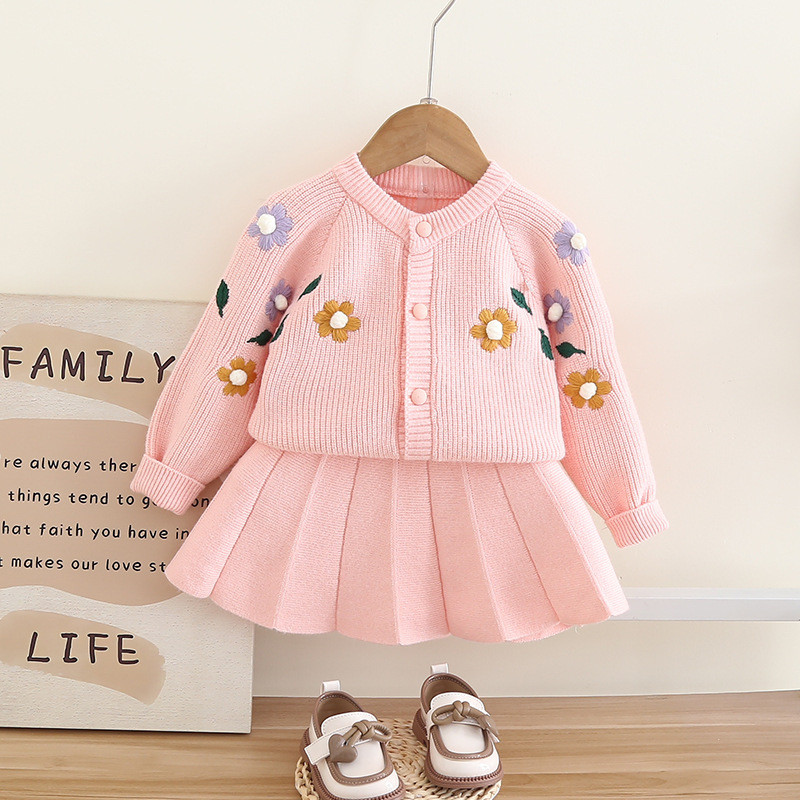 Tüdrukute lilledega tikitud kampsunite komplektid, talvised beebitüdrukute kampsunid, vabaajarõivad, sügisesed lapsed, kollegiaalses stiilis komplekt