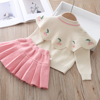 2022 Есенни трикотажни комплекти дрехи за принцеса за момичета Бебешки деца Децата носят палто с черешов пуловер + плисирани поли Костюм от две части