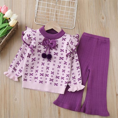 Pulover pentru fete Set de tricotat in doua piese 2023 Toamna/Iarna Nou Papion Fetiță Manton cu gât rotund Pulover Pantaloni solizi