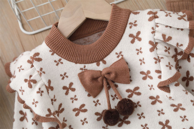 Pulover pentru fete Set de tricotat in doua piese 2023 Toamna/Iarna Nou Papion Fetiță Manton cu gât rotund Pulover Pantaloni solizi