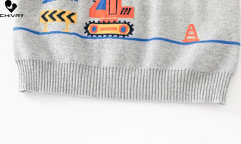 Есенно-зимен пуловер за бебешки момчета Нов 2023 г. Детски карикатурен булдозер Жакардови плетени пуловери с кръгло деколте с реглан ръкав
