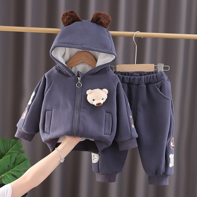 Jesenné plyšové oblečenie pre chlapcov s kreslenými medveďmi, mikiny s kapucňou, bunda, nohavice, 2 ks/sada, batoľa, ležérne športové oblečenie, detská tepláková súprava
