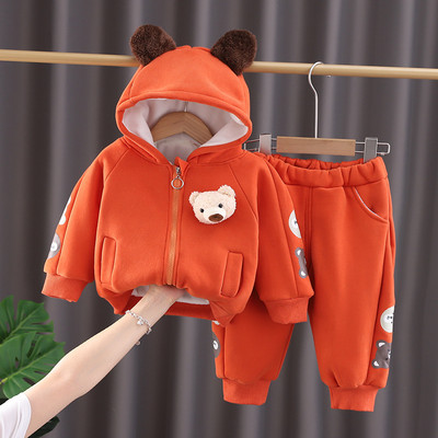 Jesenné plyšové oblečenie pre chlapcov s kreslenými medveďmi, mikiny s kapucňou, bunda, nohavice, 2 ks/sada, batoľa, ležérne športové oblečenie, detská tepláková súprava