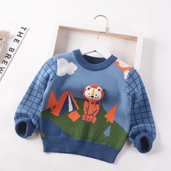 2023 Есен Зима Детски анимационен плетен пуловер Детски бебешки момчета Двойно плетен пуловер Джъмпер Памучни дрехи за малки деца 2T-7T