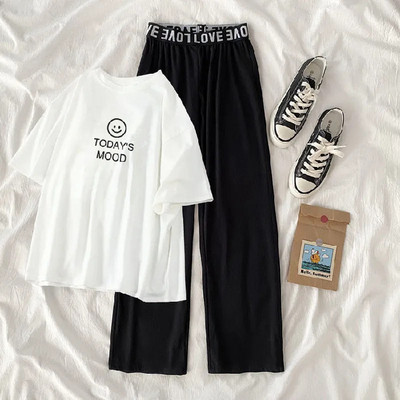 Laste juuniorkostüüm suvine lühikeste varrukatega T-särk + laia säärega püksid Korea tüdrukule, 2tk, komplekt 2023