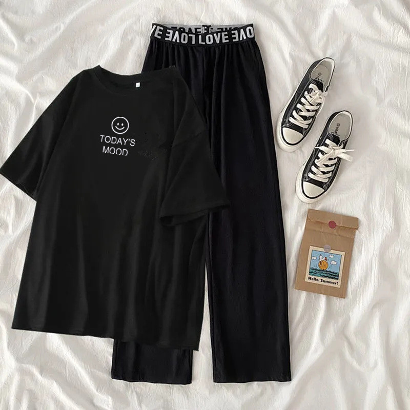 Laste juuniorkostüüm suvine lühikeste varrukatega T-särk + laia säärega püksid Korea tüdrukule, 2tk, komplekt 2023