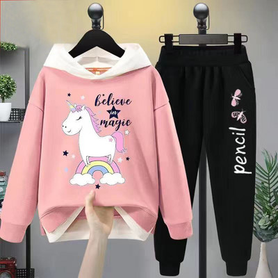 Tüdrukute vabaaja multifilmikomplekt, 2 tk. Kevad-sügis väikelapsed, tüdrukud, kapuutsiga mantel T-särk ja püksid õpilastele dressirõivad, butiik, tüdrukud, riided