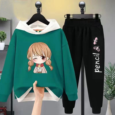 Tüdrukute vabaaja multifilmikomplekt, 2 tk. Kevad-sügis väikelapsed, tüdrukud, kapuutsiga mantel T-särk ja püksid õpilastele dressirõivad, butiik, tüdrukud, riided