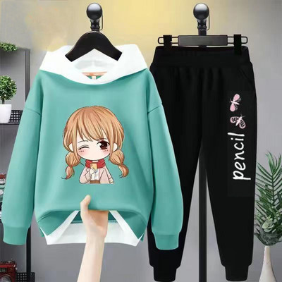 Tüdrukute vabaaja multifilmikomplekt, 2 tk. Kevad-sügis väikelapsed, tüdrukud, kapuutsiga mantel T-särk ja püksid õpilastele dressirõivad, butiik, tüdrukud, riided